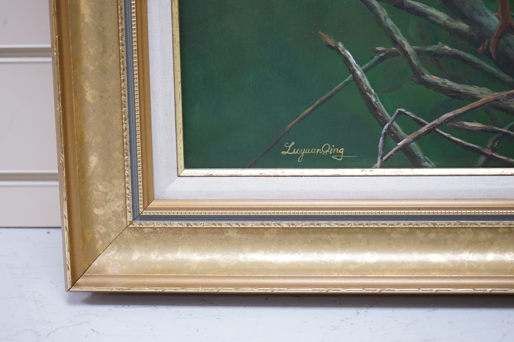 Luyuan Qing (Chinese, 20th. C), Study of egrets, signed, oil on canvas, 59 x 49cm, gilt frame